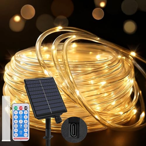 Seyaom 20m 200 LED Lichterschlauch Solar Außen Wetterfest Warmweiß | Lichterkette Outdoor Solar & Type-C Dual Aufladung, 8 Lichtmodi Aussen für Garten Terrasse Party Weihnachten Deko