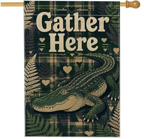 Bandera de casa de cocodrilo, corazones rústicos inspirados en la naturaleza, helechos de arpillera verde otoño, banderas decorativas de doble cara para porche exterior para césped al aire libre
