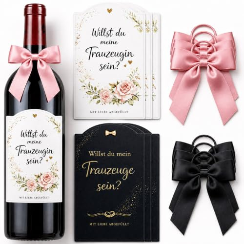 12er Flaschenetiketten Set Zum Trauzeugin Fragen Und Trauzeugen Fragen | Papier-Etiketten 10x8cm mit Satin-Schleifen für Weinflaschen zur Hochzeit, edles geschenk trauzeugin und Trauzeuge.