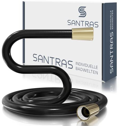 SANTRAS® Duschschlauch PREMIUM Schwarz/Gold 2,00 m mit Durchflussbegrenzer – Besonders flexibler Brauseschlauch aus Easy Clean Material MADE IN GERMANY