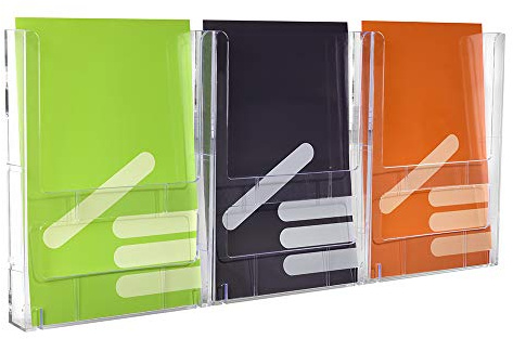 Wandprospekthalter mit 3 Fächern für DIN A4 Hoch transparent | Für Flyer und Prospekte in DIN A4 Hoch, 23mm Fülltiefe je Fach, modulares System mit Wandschiene, erweiterbar