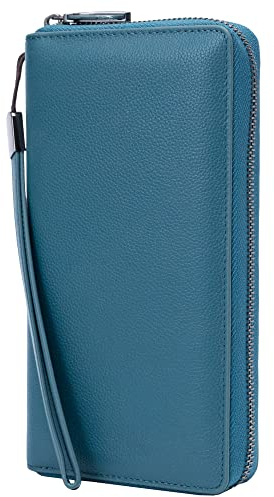 Portmonee Damen mit RFID Schutz Geldbeutel, Portemonnaie, Geldbörse, Brieftasche, Damengeldbeutel, Damengeldbörse lang groß viele fächer Leder Reissverschluss(See blau)