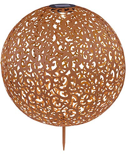 LED Solar Außenlampe Kugel Steckleuchte Metall rostfarben Gartenleuchte Wegelampe Gartendeko, Kugel orientalisch Solarlampe, warmweiß 3000K, Höhe 50 cm