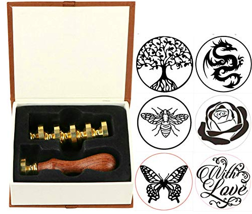 ANBOSE Wachs Siegel Stempel Set, Schmetterling Drachen Rose Blume Baum mit Liebe, 6-teiliges Siegel Wachs Stempel Kit mit Kupfersiegel + 1 Holzgriff, Geschenkversiegelung