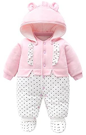 Minizone Baby Girls Snowsuit Romper Winter Outfits Cotton Detachable hat Hooded Footies Warm Long Sleeve Pink Cute Jumpsuit Gift for Newborn 6-9 Months