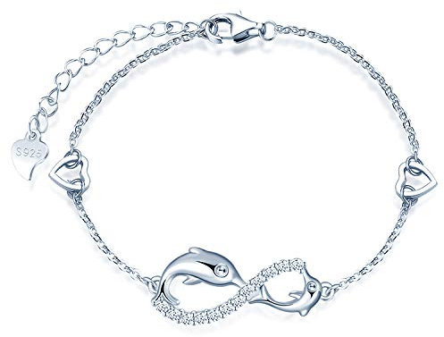 MicLee Bracelet de femme fille, bracelet en Argent 925, bracelet de symbole infini et de dauphin, avec le cœur creux, Zircon incrusté, Chaîne ajustable, bracelet de thème animal