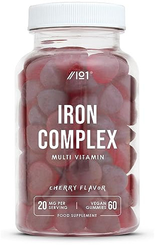 Iron 28mg Gummies with Vitamin C, Niacin, Vitamin B6, B5, B12, Folic Acid & Biotin – 60 Vegan Gummies – Tapioca Base – Cherry Flavour – by Alpha01