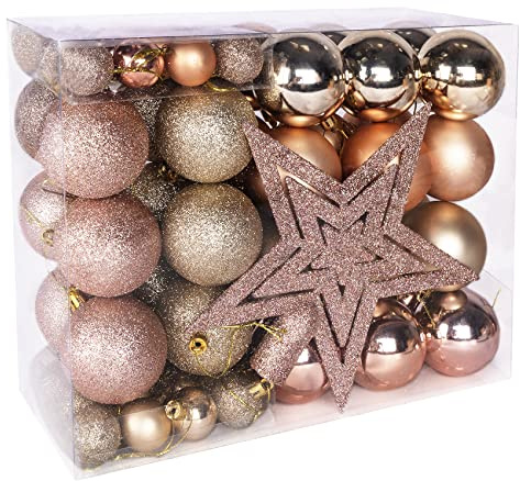 Anstore Adornos de Bolas de Navidad Oro Rosa Inastillables, 69pcs Bolas Arbol de Navidad con Decoración Estrella Arbol de Navidad, Adornos de árbol Bolas Colgantes para Navidad, Decoración de Fiestas