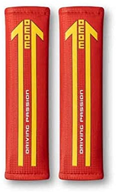 MOMO - Set de 2 Almohadillas para Cinturón de Coche, Universales, Acolchadas y Deportivas, Microsuede Lavable con Velcro, Color Rojo Mate/Amarillo