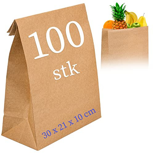 Papiertüten Groß 100 Stück 30x21x10 cm Sehr Solide, Dick 300g/m2 | Braun | für Brot Kekse Sandwiches Snacks Weihnachten Geschenktaschen Geschenktüten Papier Lebensmittel Party DIY | Kraftpapiertüte