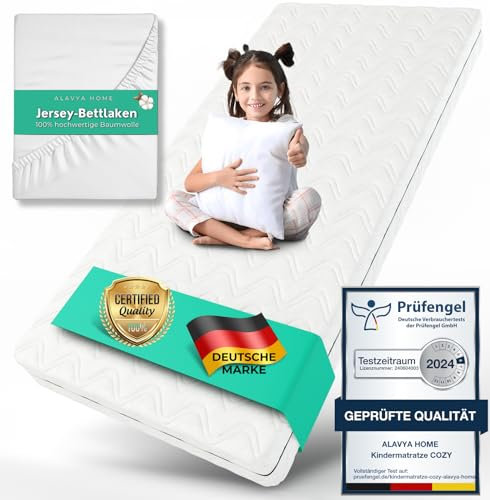 ALAVYA HOME® Kindermatratze 90x200 cm mit Spannbettlaken 10 cm hoch I CertiPUR zertifizierter Kaltschaum mit waschbarem Bezug I Hochwertige Matratze für Kinderbett Jugendmatratze 200x90 I Made in EU