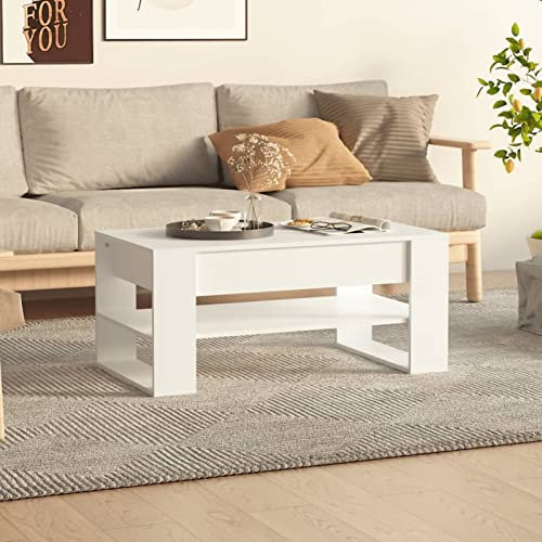 Tidyard Tavolino da Salotto Bianco,Tavolo Tavolino da caffè,Tavolino Basso da Salotto,Tavolo da Divano,Tavolino da Salotto con Mensola,Tavolino da Soggiorno 102x55x45 cm Legno Multistrato