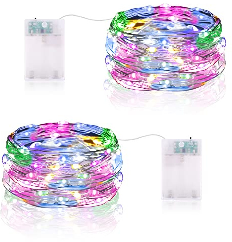 Guirnalda Luces LED, 5M 50 Luces Led con Temporizador Pilas IP65 Impermeable Mini Alambre de Cobre Cadena de Luces para Decoración Interior, Exterior, Bodas, Fiesta de Navidad (2 Piezas, Multicolor)