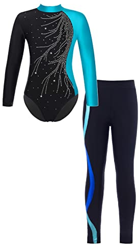 renvena Mädchen Gymnastikanzug mit Leggings Lange Hose Glitzer Turnanzug Langarm Bodysuit Trikot Body Skinny Tight Kinder Sport Ballett Kleidung Blaugrün&Royal Blau 122-128/7-8 Jahre