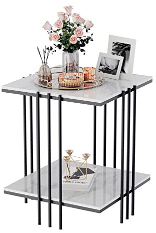FATIVO Marmor Couchtisch Beistelltisch Sofatisch: 2-Ablagen Beistelltisch quadratisch Nachttisch fürs Wohnzimmer Schlafzimmer mit schwarz Eisenrahmen - 44.5X44.5X 55.5 cm