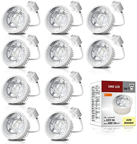 trendlights24 LED Modul 5W extra flach 50 x 23 mm 230V Warmweiß 10x Spot | für Einbaustrahler, ultra flach, 23 mm hoch, 400lm, 3000k, 50° Abstrahlwinkel, Perfekter Ersatz für GU10 MR16