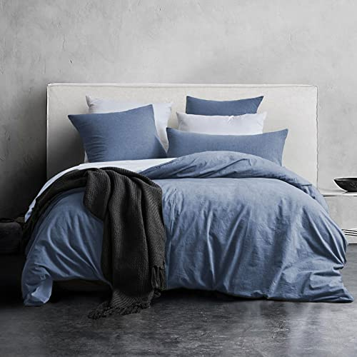MILDLY Bettwäsche 200x200 Baumwolle, ÖKO-TEX, Denim Blue | 100% Baumwolle, Leinenoptik mit Waschung, praktischer Reißverschluss, 1x Bettbezug 200x200 cm & 2x Kissenbezug 80x80 cm