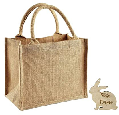 minimutz Jutetasche zu Ostern mit personalisiertem Holz-Anhänger | Ostertasche Geschenkanhänger Hase für Kinder | Personalisiertes Osternest zum Befüllen Anhänger Hase
