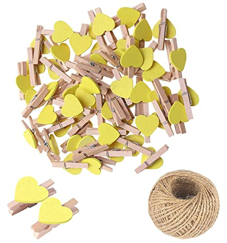 Lot de 100 mini pinces à linge en bois jaunes en forme de cœur, petites pinces à linge multicolores avec cœur, 3 cm, petites épingles à linge avec ficelle pour affichage de photos, bricolage