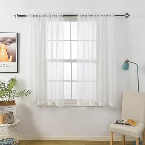 Aquazolax White Voile Curtains for Bedroom Readymade Extra Wide 54 Inch Lightweight Door Window Curtains 2 Panels with Tiebacks, 63 Length/ 137x160cm