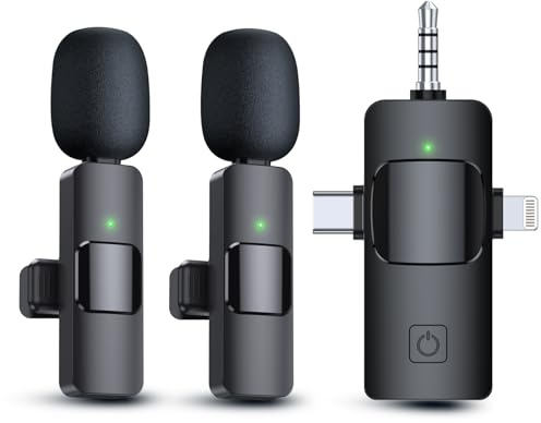 PQRQP Microfono Lavalier wireless 3 in 1 per iPhone, iPad, Android, USB-C, batteria da 7 ore, mini microfono con cancellazione del rumore per registrazione video, vlog, YouTube, TikTok