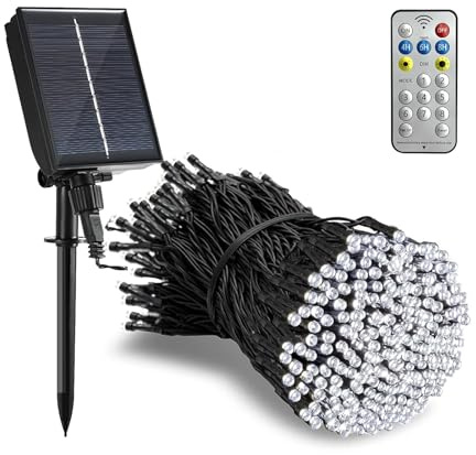Tacobey Solar Christmas String Lights Outdoor Garden - 65Ft/20m 200 LED Solar Fairy Lights Waterproof with Remote, 8 Modes, Decorative Lighting for Garden Outdoor - Cool White