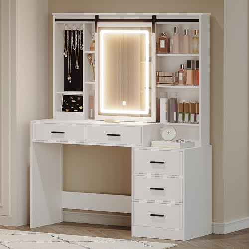 Hzuaneri Sminkbord med Justerbara Led-Lampor, Avtagbar Stor Spegel, med Smyckesförvaring, Öppna Hyllor, 5 Lådor, med Sidobord, för Sovrum, Vit DT33103X