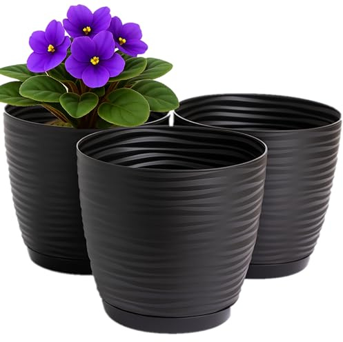 Home Garden Ornaments Lot de 3 Pots de Fleurs Ø 11 cm en Plastique avec Soucoupe et Drainage – Cache-Pots Intérieur Extérieur – Style Moderne – Noir