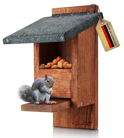 Eichhörnchen Futterhaus wetterfest aus pfälzer Holz – ohne Genickbruchklappe – Futterstation & Überwinterung – Handarbeit Made in Germany in der Lebenshilfe – nachhaltiges Geschenk