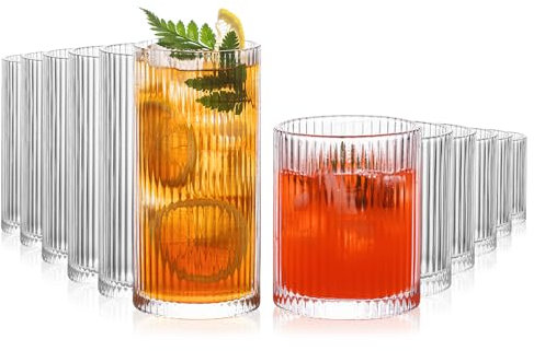 INSETLAN Lot de 8 verres nervurés – 4 verres Highball de 355 ml, 4 tasses en verre de 414 ml, verres à cocktail vintage, parfaits pour le vin, le jus, l'eau, le café glacé, le whisky, les boissons