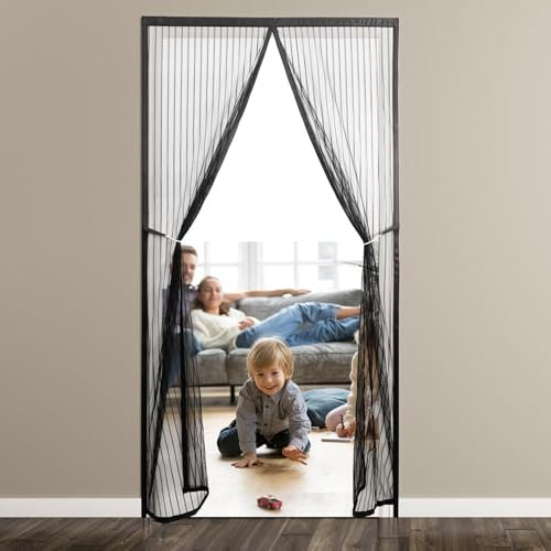 Black Magnetic Screen Door 95x210cm, Durable No Gap with Powerful Magnets, Retractable Screen Door Sturdy Anti-Tearing Self-SealingMagnetic Door Curtain for Keeping Out Flies, Insects, Wasps