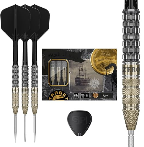 TARGET Japan Black Marque Reyn 90 % Tungsten K-Flex Swiss Point stålspets dart-set, 24 G | KFlex Dart-flygning, schweiziska nano-poäng, svart och guld stål dartspetsar med K Flex integrerade axlar och