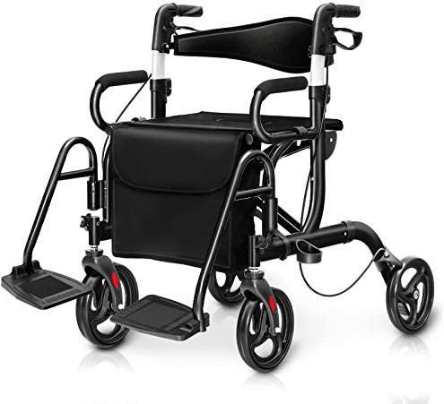 COSTWAY 2 en 1 Andador para Ancianos, Andador Plegable con Asiento, Respaldo Reversible, Mangos Ajustables, Ruedas PVC, Silla Transporte de Aluminio con Reposapiés y Bolsa Desmontable (negro)