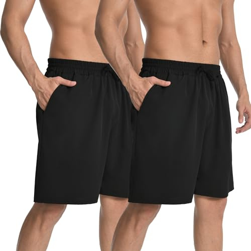 HovSiyla 2 Pack Men's Athletic Sports Shorts Lightweight Breathable Running Gym Training Casual Shorts with Drawstring and Zippered Pockets