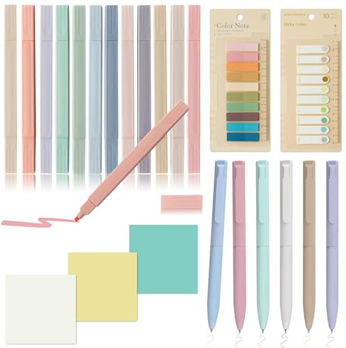 23 Textmarker Pastell Haftnotizen Tabs Set, Enthält 12 Textmarker mit zwei Enden, 2 Haftnotizen Tabs mit Lineal, 3 Sticky Notes und 6 Gelstiftes, Bunte Marker Stifte Aesthetic School Memo Stuff