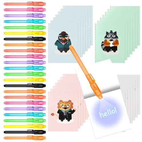 OFFCUP Stylo Encre Invisible et Carnet de Notes, Pack de 32 Stylo Espion avec Lumiere UV et Carnet, Stylo Magique pour Écrire un Message Secret, Cadeau Anniversaire Fête Activité Enfants