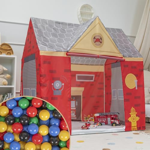 Selonis Playhouse Play Tent For Kids With 200 Balls Fire Station Durable And Creative Adventure Space Realistic Fire Truck Details Easy Assembly For Indoor And Outdoor