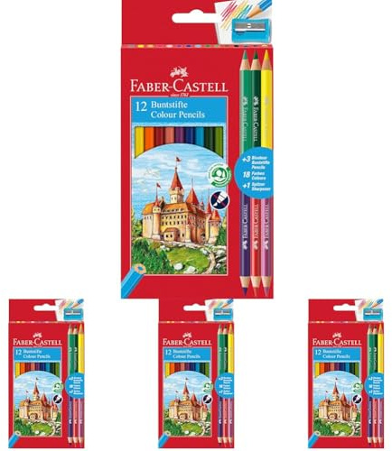 Faber-Castell 110312 - Buntstifte Set für Kinder und Erwachsene, 15-teilig, bruchsicher, inkl. 3 Bicolour Buntstifte und 1 Spitzer (Packung mit 4)
