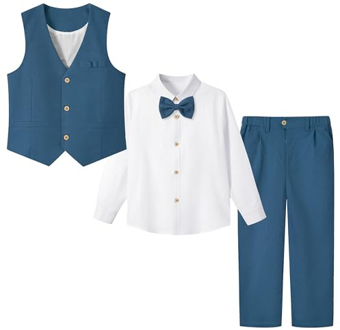 LOLANTA 4PCS Page Boys Wedding Waistcoat Trousers Suit, Kids Linen Formal Suit Vest, White Shirt, Trousers and Bowtie Set, Christening Ceremony Prom Birthday Partywear, Blue, 7-8 Years, 130