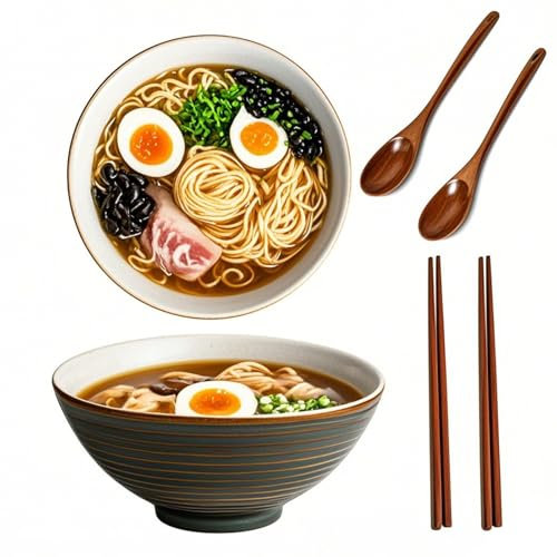 Haayymo 2 Ramen Bowl Set, Ceramic Noodle Bowl with Chopsticks & Spoons 1200ml Large Soup Bowls Japanese Style Retro Porcelain Microwave Tableware Ramen Gift Set for Salad, Pasta (Gradient Gray)