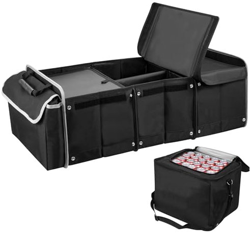 Sararoom Car Boot Organiser with Cooler Bag, 600D Oxford Cloth Foldable Car Organiser with Removable Dust Cover, Multi-Compartment Design, Anti Slip Travel Storage for All Vehicles (Black)