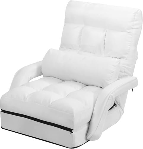 Sofá Cama Plegable, sillón Ajustable en 5 Posiciones con reposabrazos y Almohada, sillón Cama Acolchado Convertible para Sala de Estar y Dormitorio (Blanco)