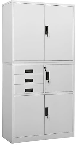 Armario de almacenamiento de metal de 180 cm de alto con puertas con cerradura y estantes ajustables, ideal para la escuela, oficina, almacenamiento de archivos, pasillo, garaje, despensa, color gris