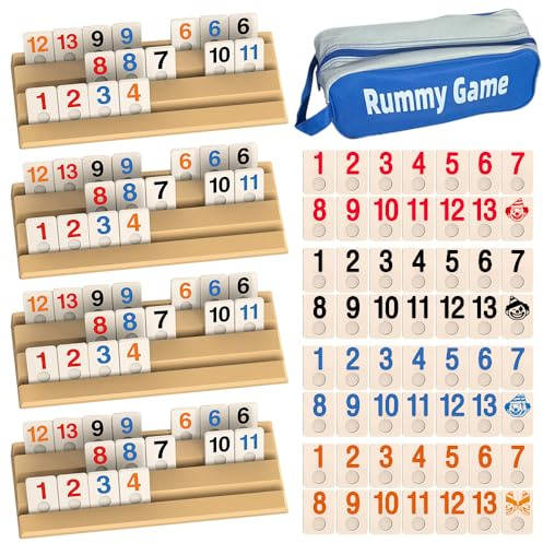 SGZIOO Mini Rummy Set mit 114 Spielsteinen, 4 Holz-Steinehaltern, 1 Aufbewahrungstasche und Bedienungsanleitung, Interessant Rummy Spiel für Erwachsene und Kinder