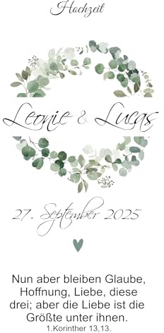 Kerzenfolie Hochzeit Personalisiert - Kerzensticker, Kerzentattoo mit Eukalyptuskranz auf Transferfolie, Wasserschiebefolie zur Selbstgestaltung der Hochzeitskerze, Traukerze