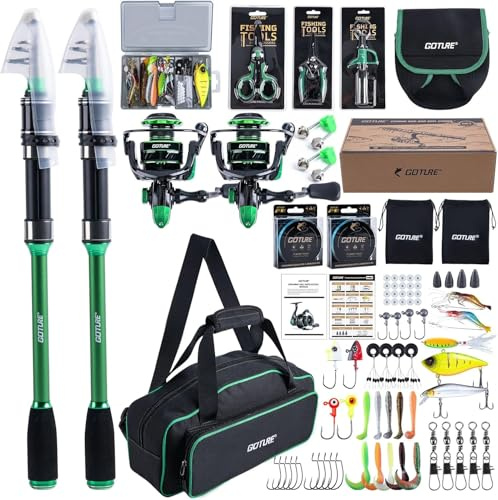 Goture Angelset Komplett mit 2 Teleskop Angelrute 24T Carbon, 2 Spinnrolle mit 9+1 Edelstahlkugellager, Profi Angel Zubehör Set inkl. Angelschnur und Tasche für Forelle