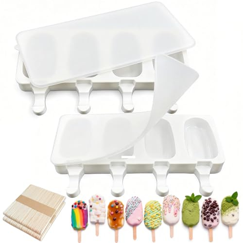 2 Pack Silicone Popsicle Molds，Oval 4 Cavities Homemade Ice Pop Molds with 100 Wooden Sticks for Ice Cream, Cakesicles, Cake Pop
