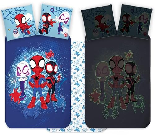 Parure de lit Motif Spidey phosphorescente | Housse de Couette Junior 100x135 cm + taie d'oreiller 40x60 cm, 100% Coton | Parure de lit réversible et Douce Spiderman, idéale pour Les Tout-Petits