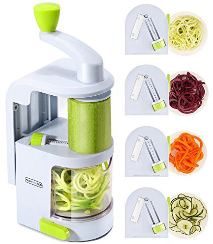 Spiralizer Vegetable Slicer (NEW 4-in-1 Rotating Blades) Heavy Duty Veggie Spiralizer with Strong Suction Cup, Zucchini Spiral Noodle/Zoodle/Spaghetti/Pasta Maker (Free Recipe Book and Cleaning Brush)
