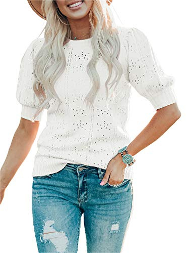 Saodimallsu Femmes Été Mignon Lanterne Courte Manches Ras Du Cou Dot Décontracté Pull En Tricot Chandails Chemisier Bleu